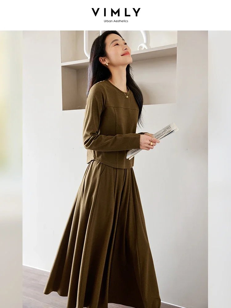 VIMLY Fashion Commuting T-Shirt Tops Elastic Waist Skirts for Women Autumn Simple O-Neck Long Sleeve Casual Work Skirts Set