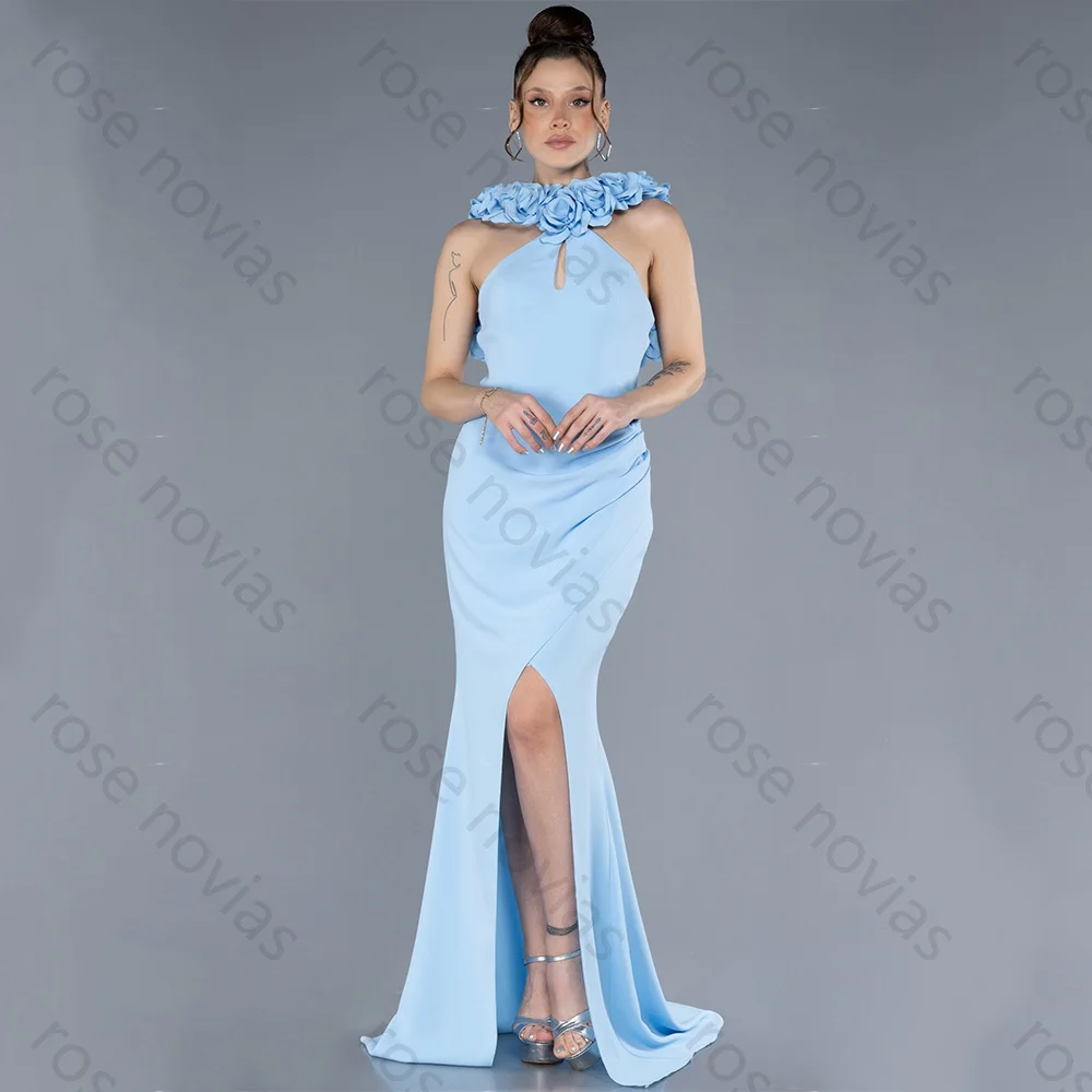 فساتين سهرة كلاسيكية عالية الجودة جيرسي لفتحة رسن بطول الأرض فستان حفلة موسيقية زهور ثلاثية الأبعاد فيستدوس دي فييستا مخصص #1