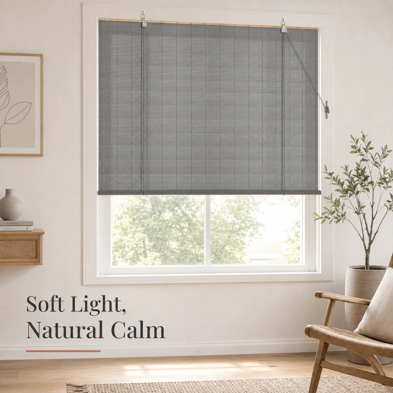 Store enrouleur en bambou gris 100 x 160 cm, filtrant la lumière naturelle