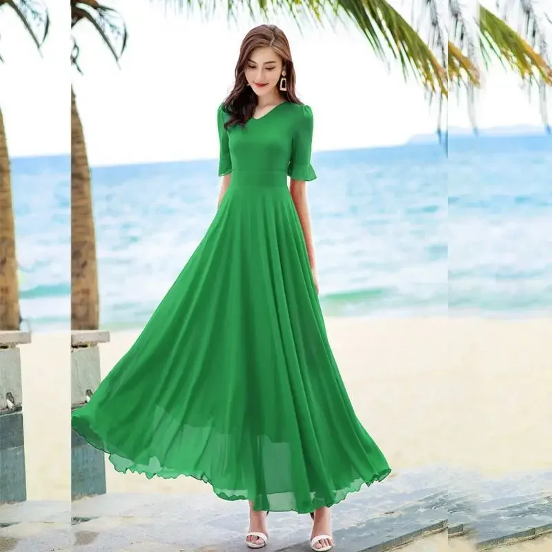 

Elegant Fashion Short Sleeve Solid Color Slender Knee-length A-LINE Dresses Empire Comfortable Chiffon Women's Clothing R298