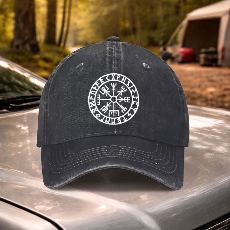 Viking Compass Rune Vintage Washed Adjustable Baseball Cap for Weddings, Festivals, Cycling, Camping, Travel & Casual Wear