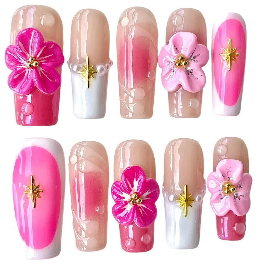 

Handmade Press On Nails Medium Long Square Pink 3D Sakura Design Reusable French Acrylic Fake Nails with Gold Stars Pearls Luxu