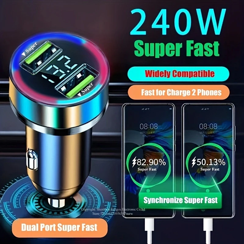 240W USB Car Charger with Voltage Monitor Dual Port Super Fast Charging Vehicle Adapter for Huawei Oneplus OPPO iPhone Samsung