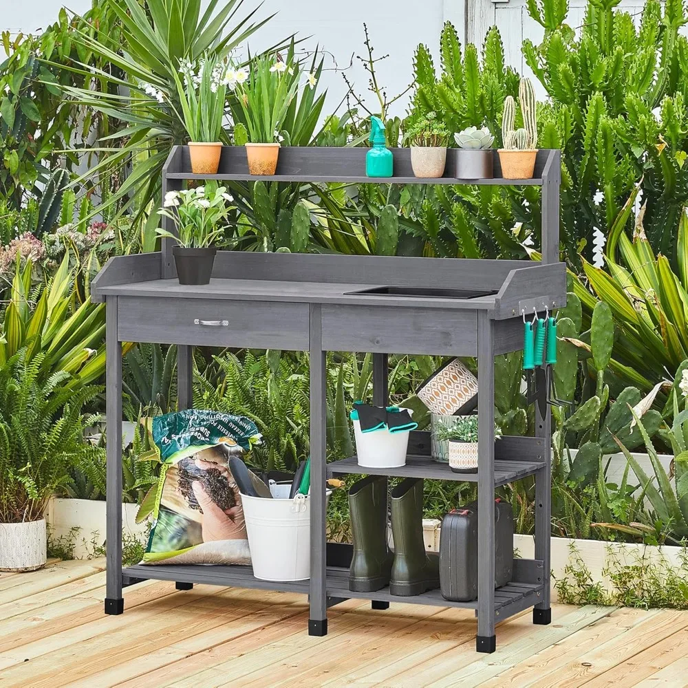 

Outdoor Potting Bench Table Potters Benches Garden Workstation for Horticulture with Drawer/Adjustable Shelf, Customized