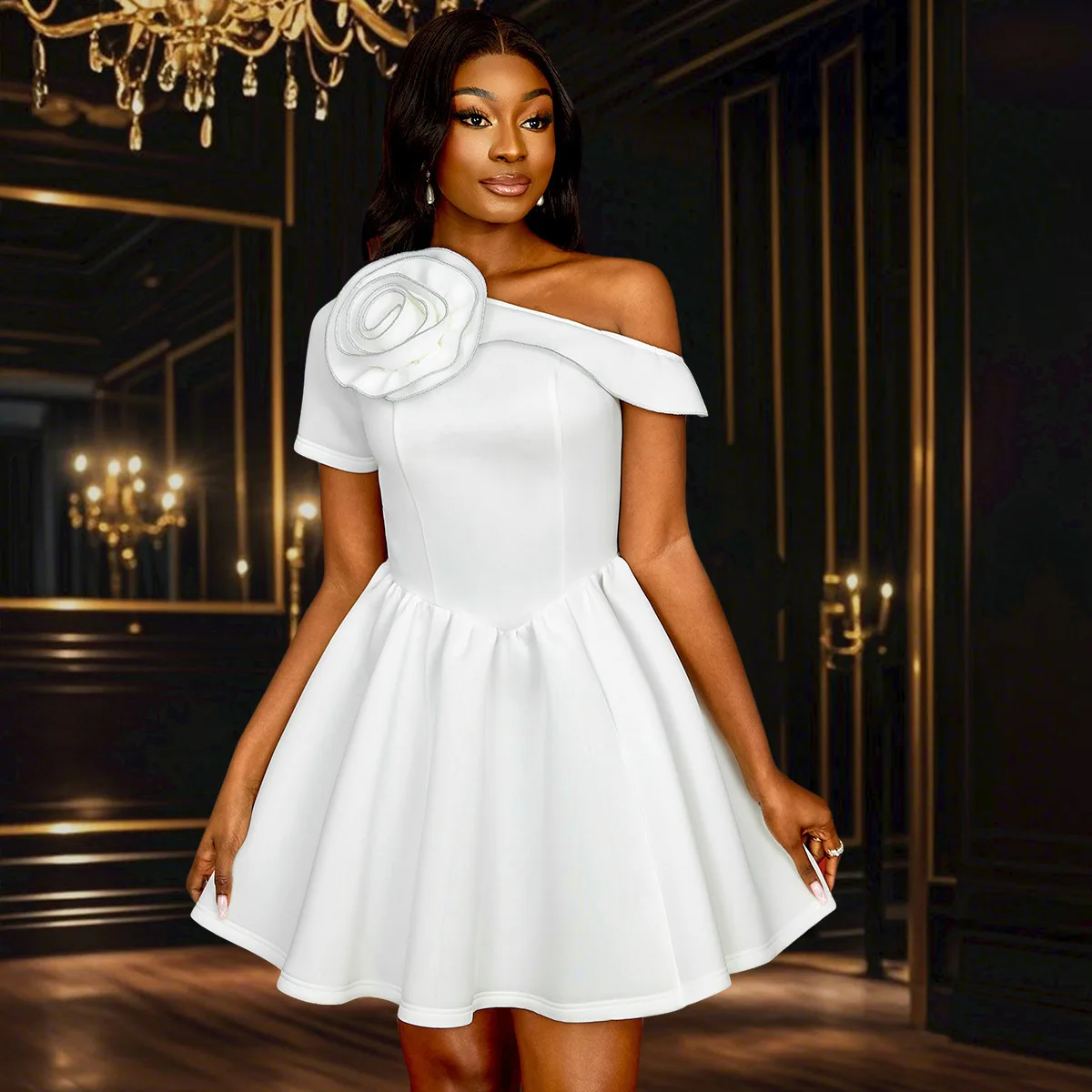 

Am041243 French Style Sexy Off-shoulder Dress Hot Girl Wedding Solid Color Off-shoulder A-line Dress Dress Robe Vestido Women