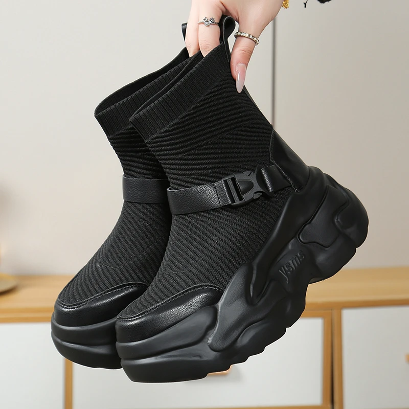 

6.5CM Women's Fall Casual Knit Platform Fashion Elastic Sock Booties Fashionable High Heel Boots Ankle Boots Short Boots