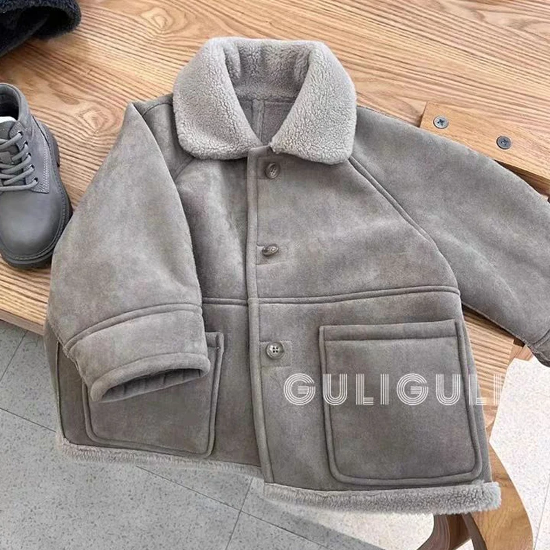 Winter New Boys Jacket Patchwork Lamb Fleece Lining Thick Keep Warm Single-breasted Lapel Outwear For 2-8Y Boys Fashion Overcoat