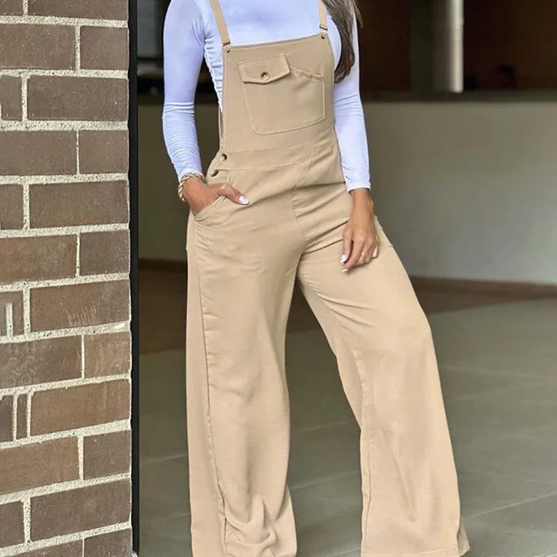 Women's Clothing Khaki Casual Strap Wide Leg Loose Pants Trousers Playsuit Jumpsuit Solid Color Sleeveless Pants Pockets