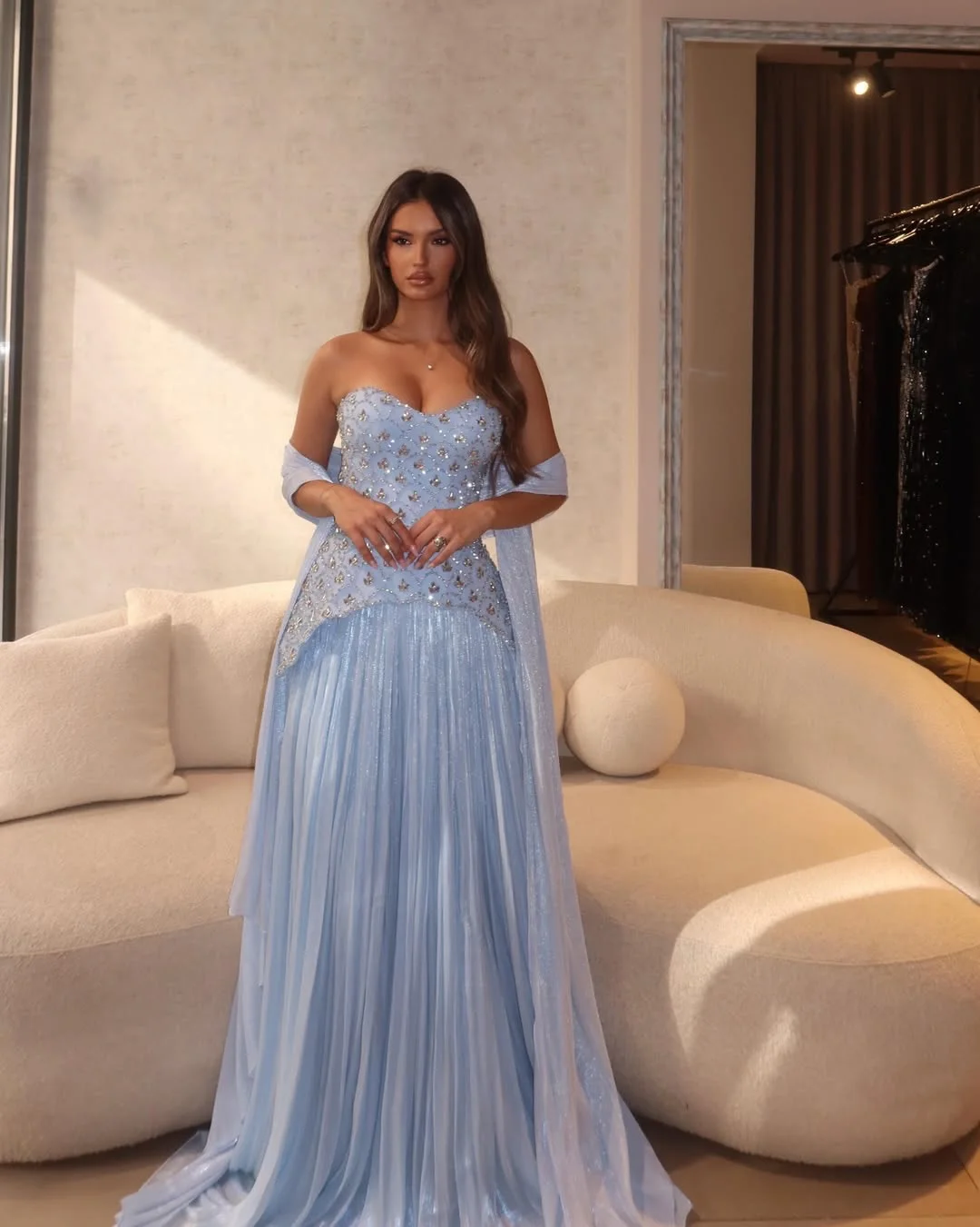 Arabia Exquisite Blue A-Line Sweetheart Shawl Evening Dresses Elegant Beading Crystal Ribbons Bespoke Occasion Gowns