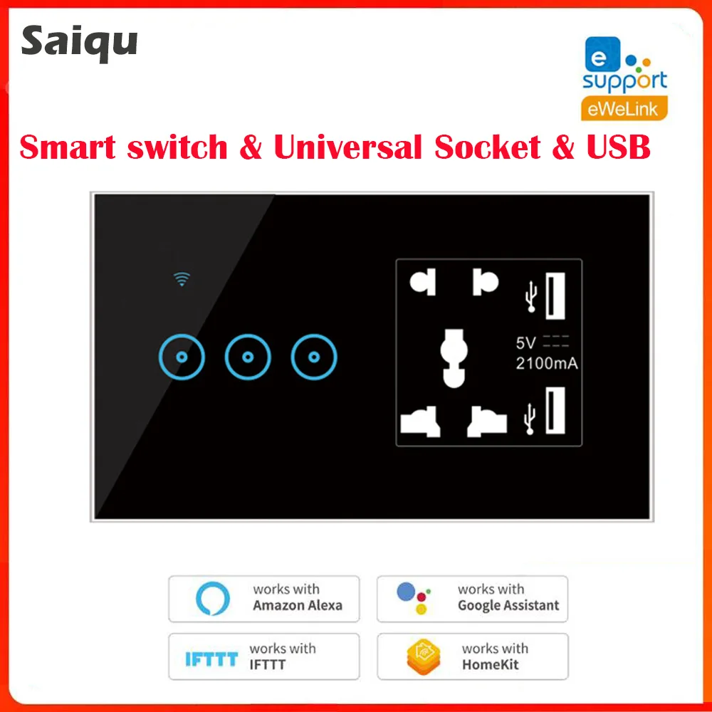 

Ewelink 1-2-3 Gang WiFi Smart Switch with Socket Crystal Glass panel WiFi Touch Remote Switch Light Google Home