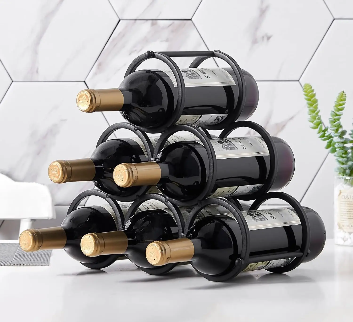 

Modern Rustic Metal Wine Rack for 6 Bottles, Countertop or Cabinet Storage