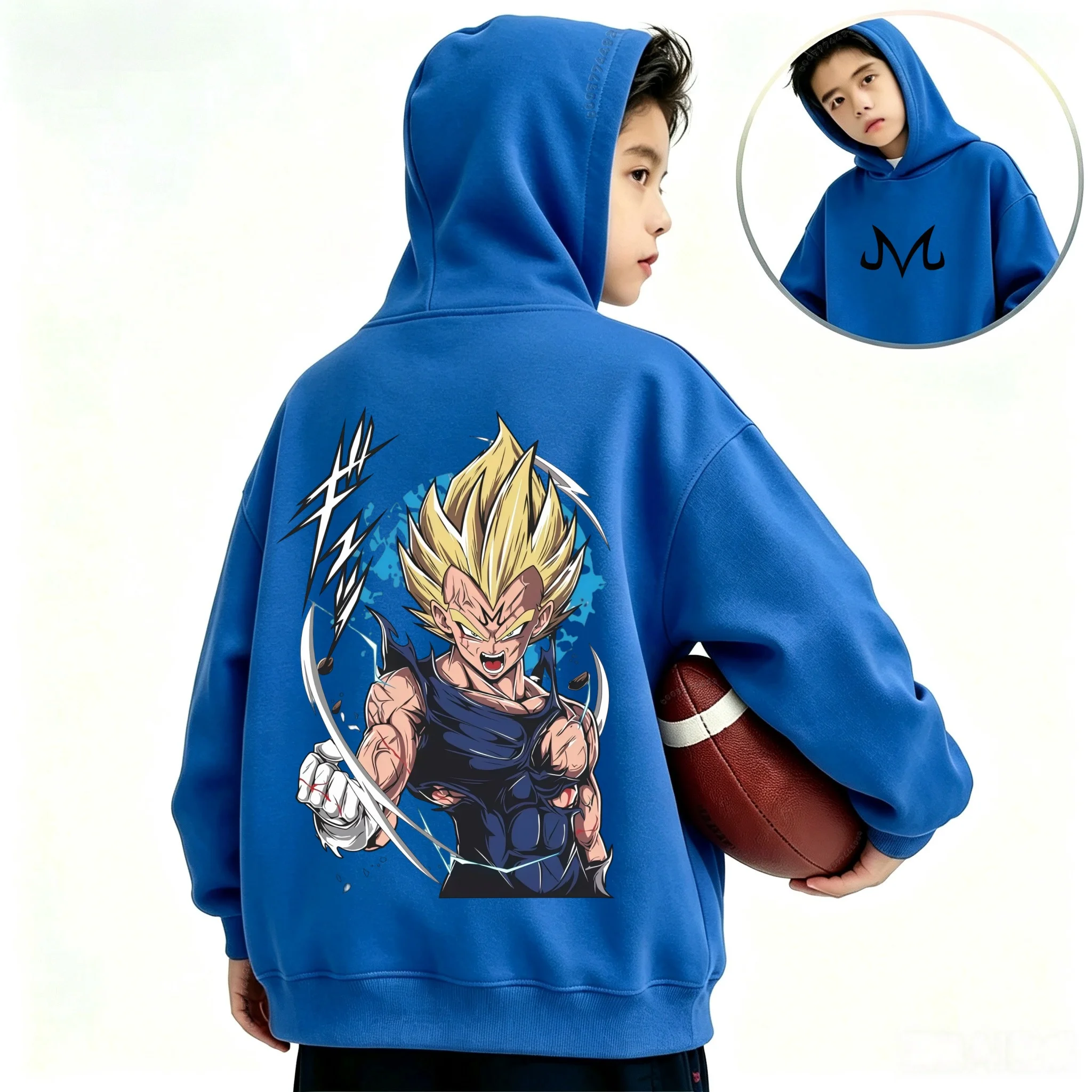 Children Casual Hoodie Symbol Logo On Front Big Anime Majin Vegeta Graphic On Back Loose Pullover Hooded Sweatshirt