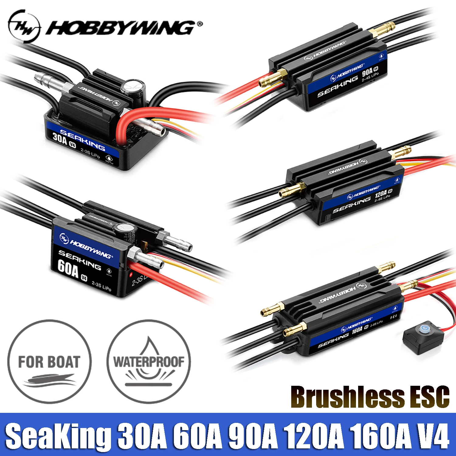 

HOBBYWING Seaking Sensorless ESC 30A/60A/90A/120A/160A V4 Series Brushless ESC IP67 Waterpoof Built-in BEC for RC Boat Ship Part