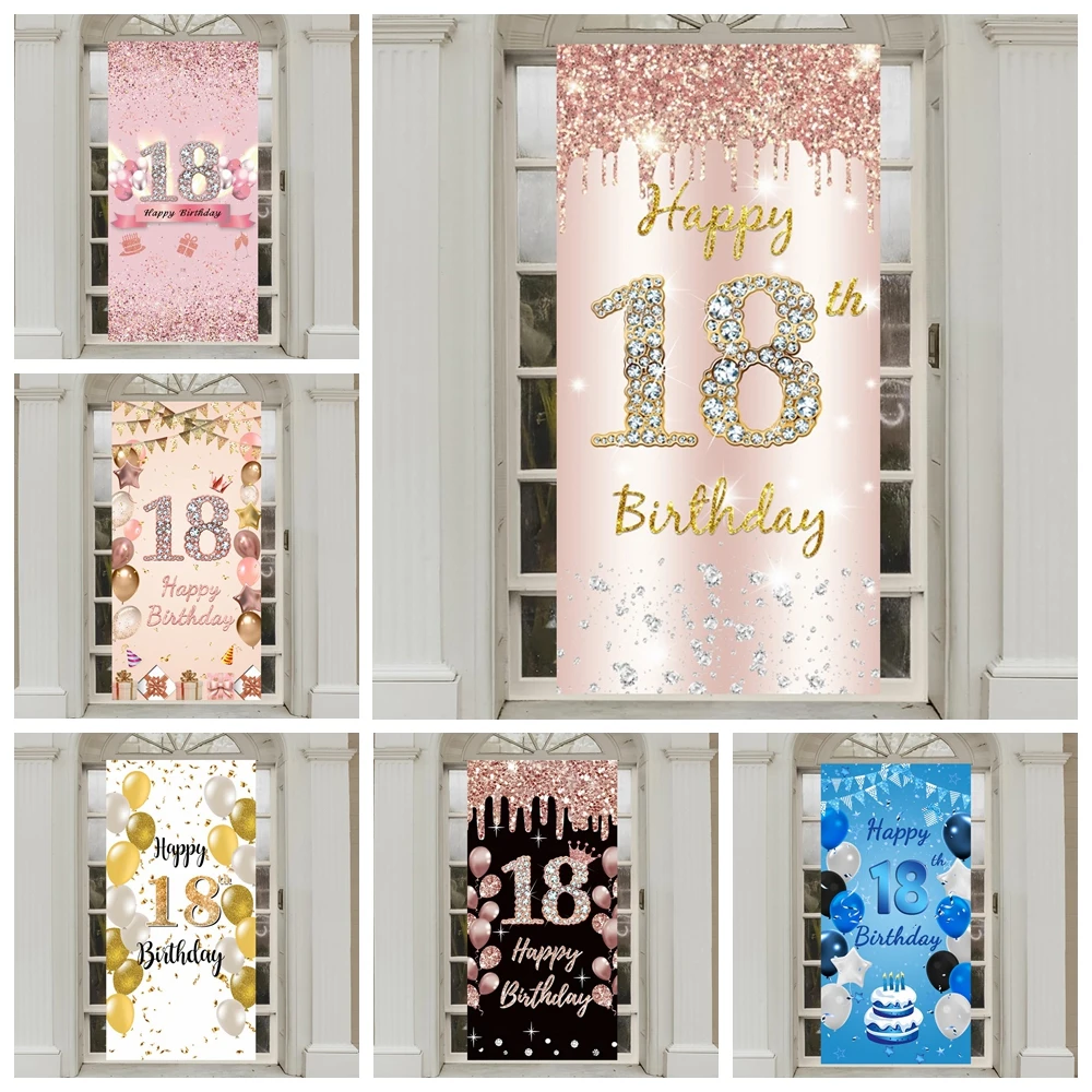 

Happy 18th Birthday Door Banner Backdrop Gold Glitter Balloon Boy Girl 18 Years Old Birthday Decoration Poster Photo Background