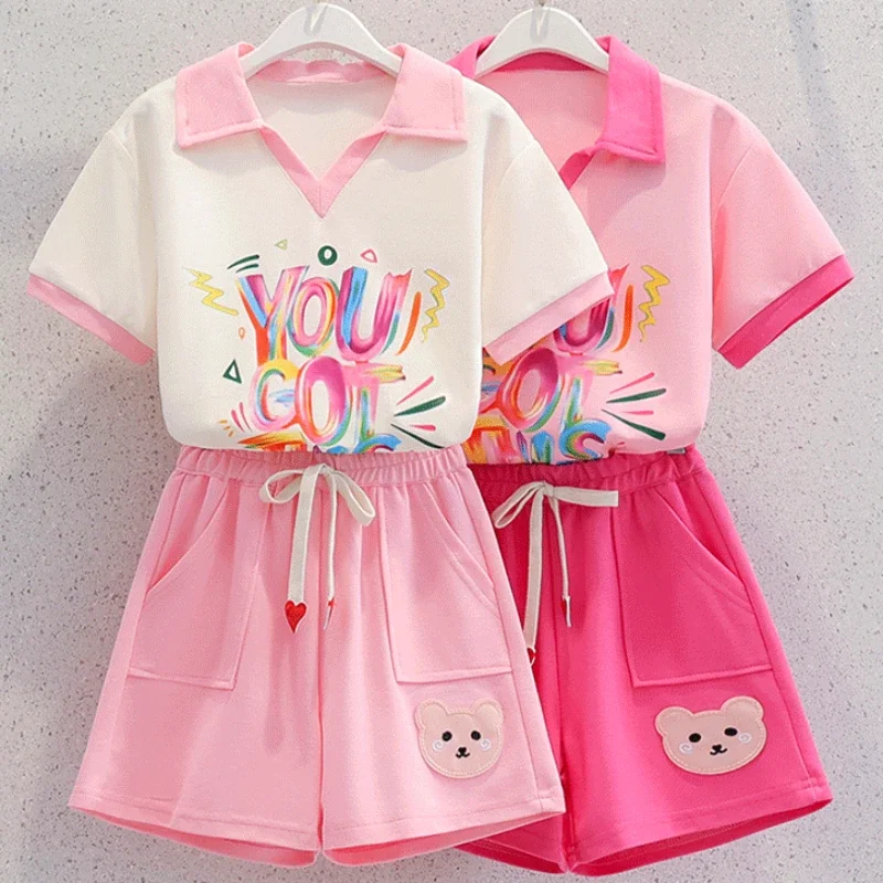 

Summer Teenage Girls Letter Printed Lapel Clothes Set Children V Neck Short Sleeve Sweet T-shirts and Shorts 2pcs Suit Outfits