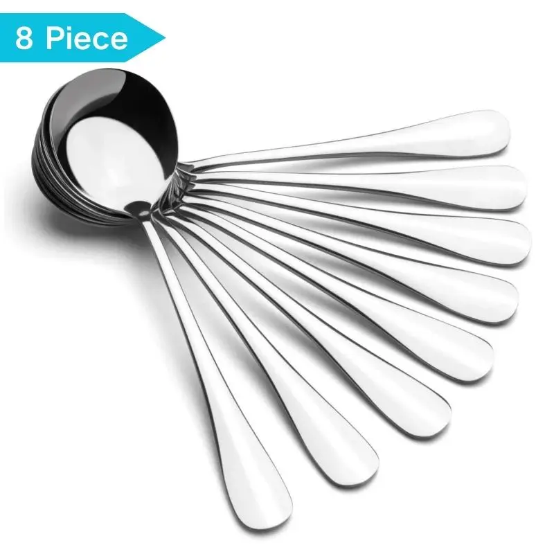 Stainless Steel Soup Spoons Set of 8, Alpha Round Spoons for Soup, Cereal, and More - Durable & Dishwasher Safe