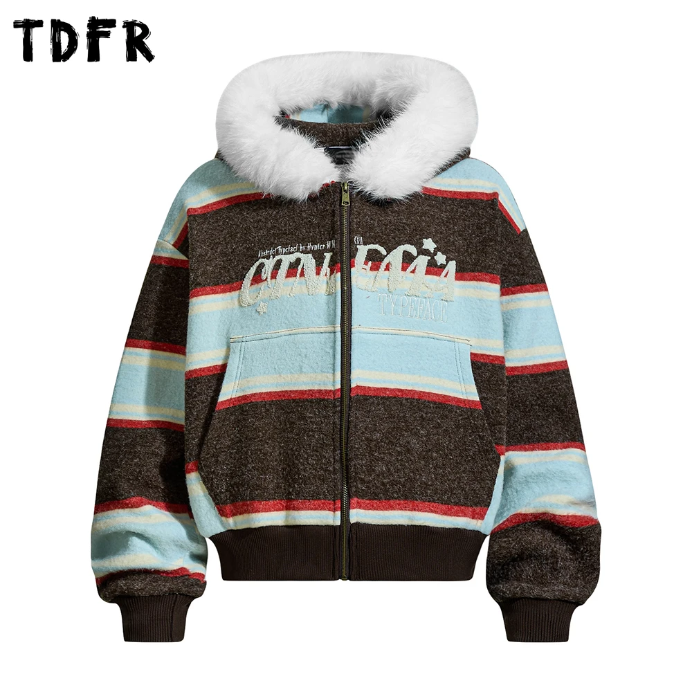 

Letter Embroidery Color Block Jacket Mens Winter Thick Retro Casual Hooded Loose Long Sleeve Fleece Outerwear Man