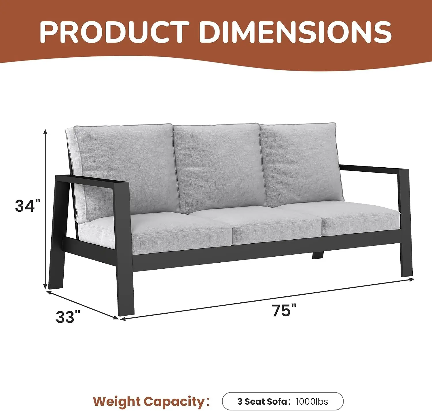 Aluminum Outdoor Patio Sofa, High Backrest Metal 3-Seat Outdoor Couch with 5 inch Thick Cushions, Patio Furniture for Deck Porch