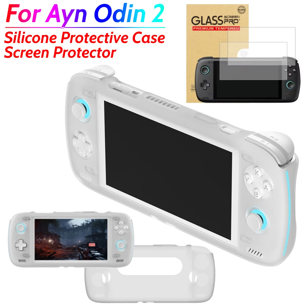 For AYN Odin 2 Silicone Protective Case Soft Shell Protective Cover Gaming Console Cover Tempered Glass Screen Protector