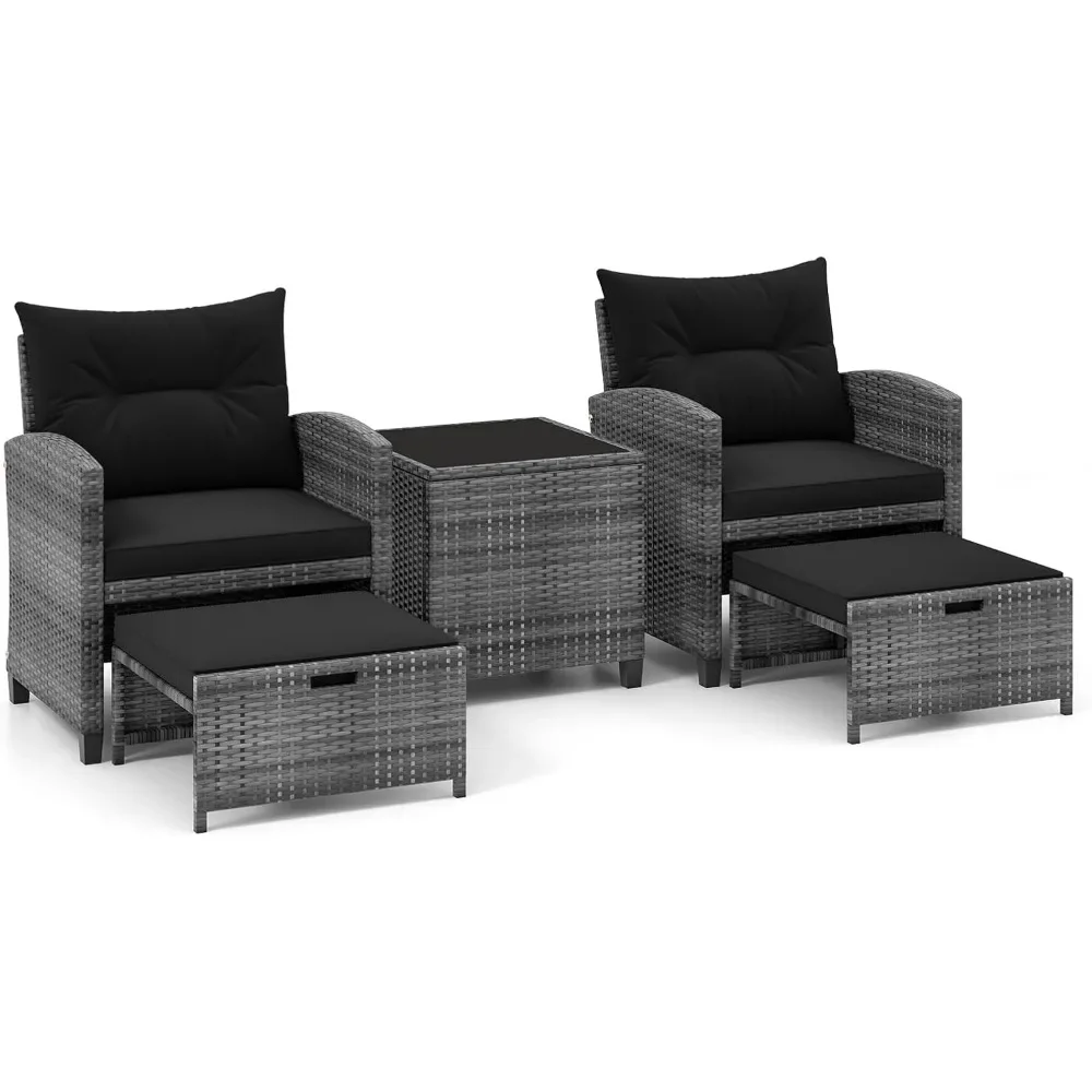 

Patio Furniture Set - Rattan Wicker Chairs w/Ottomans Footstools, Soft Cushions, Glass Coffee Table,