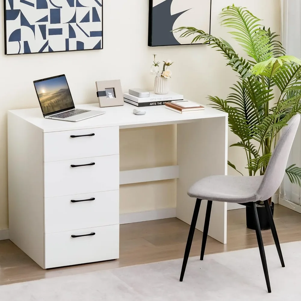 White Desk with 4 Storage Drawers, Home Office Writing Desk, Modern Executive Desk, Laptop PC Desk, Vanity Makeup Table