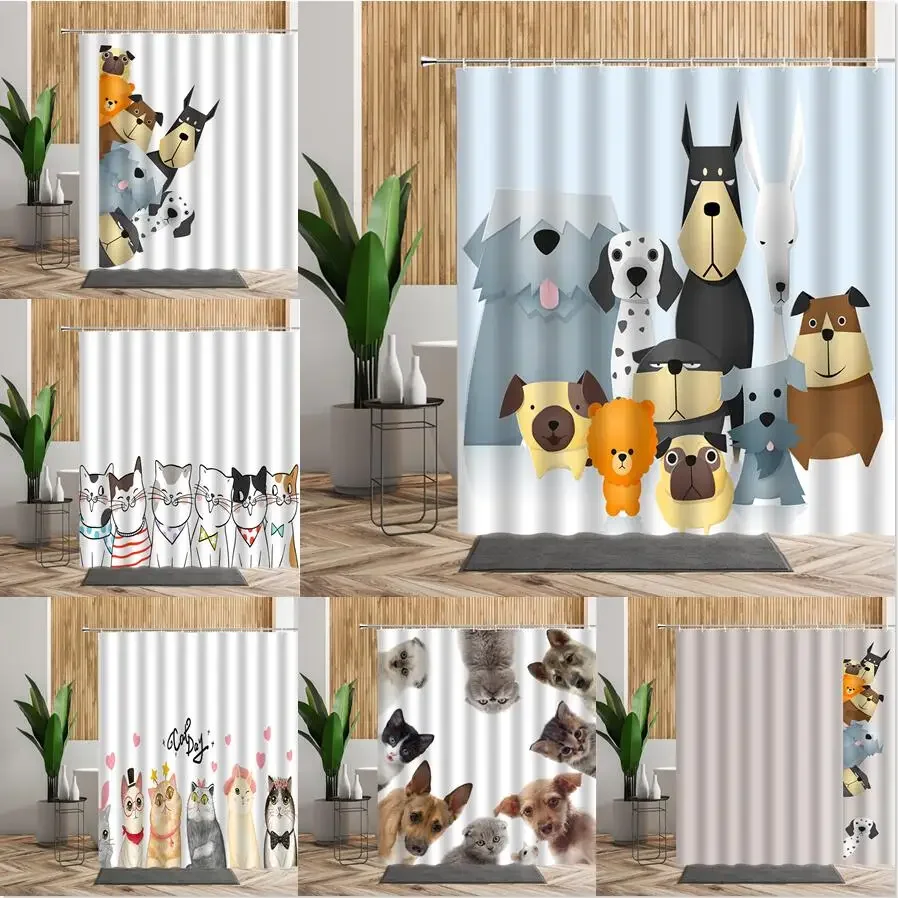 Cartoon Cute Animal Shower Curtain Cat Dog Anime Printed Bathroom Decor 3D Waterproof Bath Fabric Home Curtains For Children