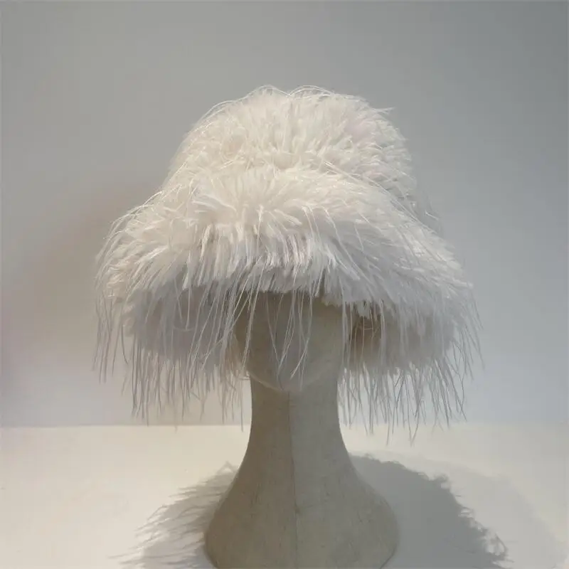 

White Fisherman's Hat Imitation Ostrich Hair Tassels New European and American Fisherman's Hat Autumn and Winter Plush Hat