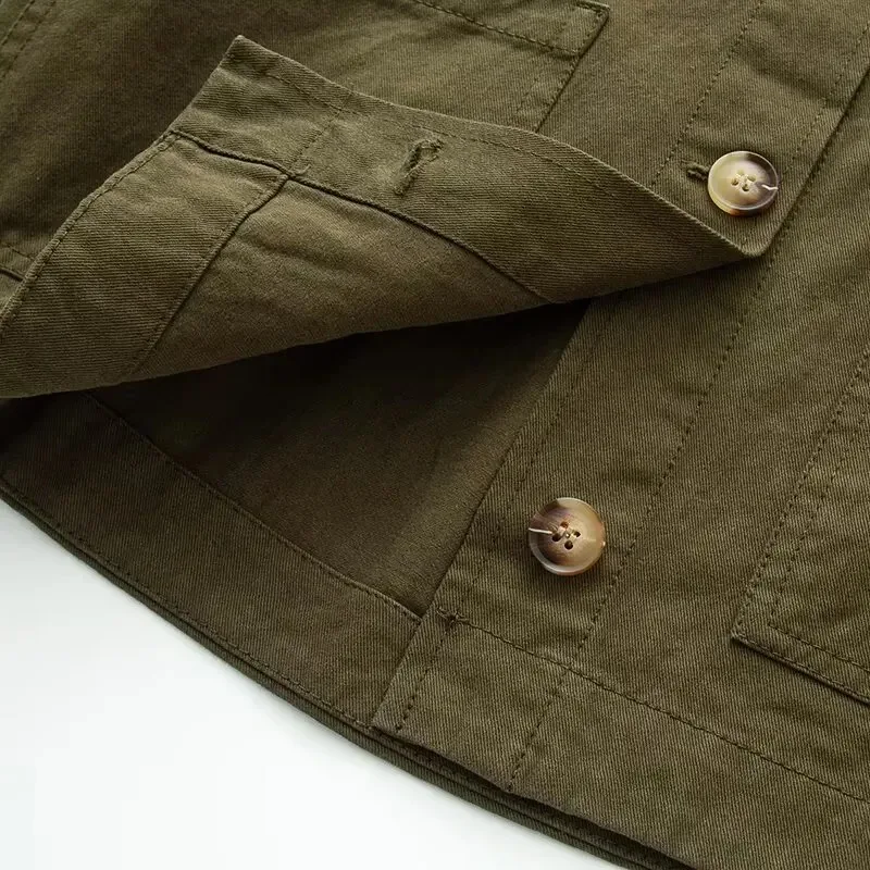 Damska kurtka jesienna w stylu vintage z diagonalu, uniwersalna, zapinana na jeden guzik, z ozdobnymi kieszeniami, codzienna, z długim rękawem.