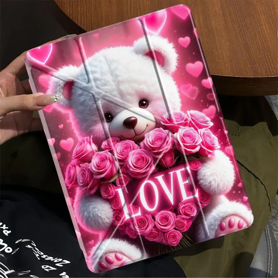 

White Bear With Pink Roses Print Tablet Case For iPad Air 4 5 M3 M2 1 2 M4 11inch Mini 6 7 Pro 11th 10th 9th 8th 7th 12.9inch