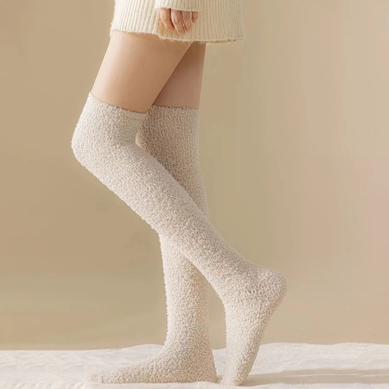 Calcetines hasta la rodilla de terciopelo Coral, calcetines cálidos de terciopelo grueso para otoño e invierno, calcetines de suelo acolchados y gruesos