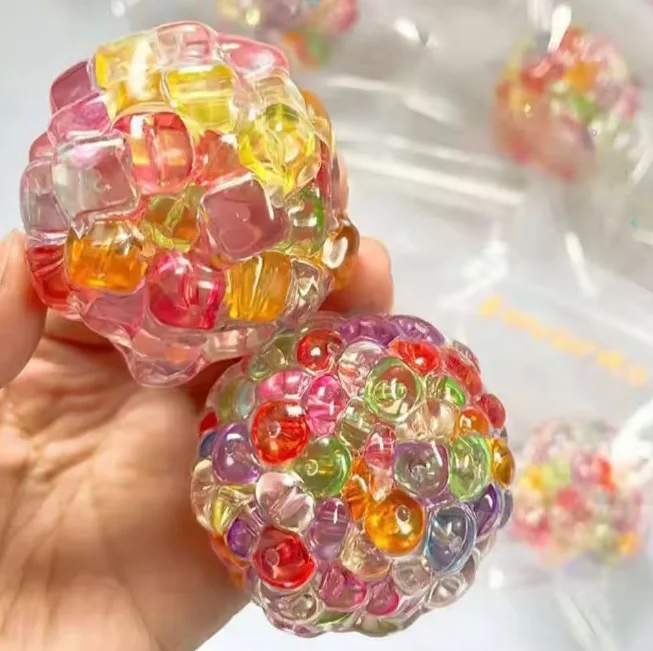 Colorful Beaded Squeeze Fidget Ball, Transparent TPR Stress Relief Squishy Toy, Sensory Anti-Anxiety Hand Toy for Kids Adults