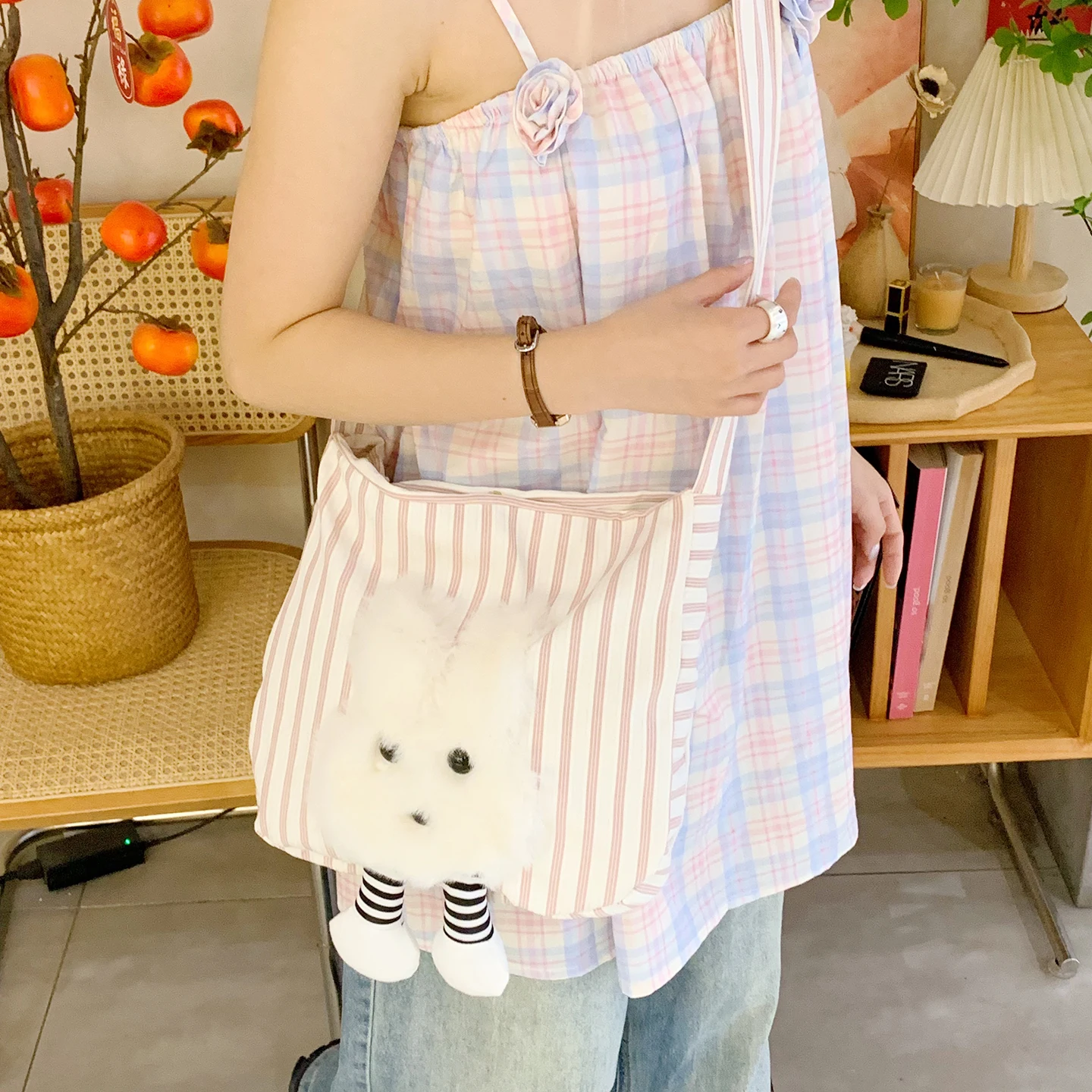 

Trendy 3D Rabbit Nylon Crossbody Bag for Women,Lightweight Fashion Cute Striped Shoulder Purse, Elegant Casual Handbag for Girls