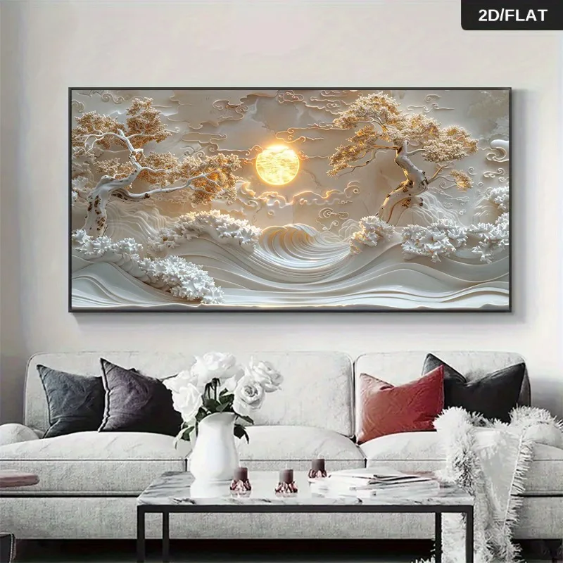 Modern Abstract Golden Moonlit Trees Landscape Canvas Wall Art Unframed Contemporary Home Decor