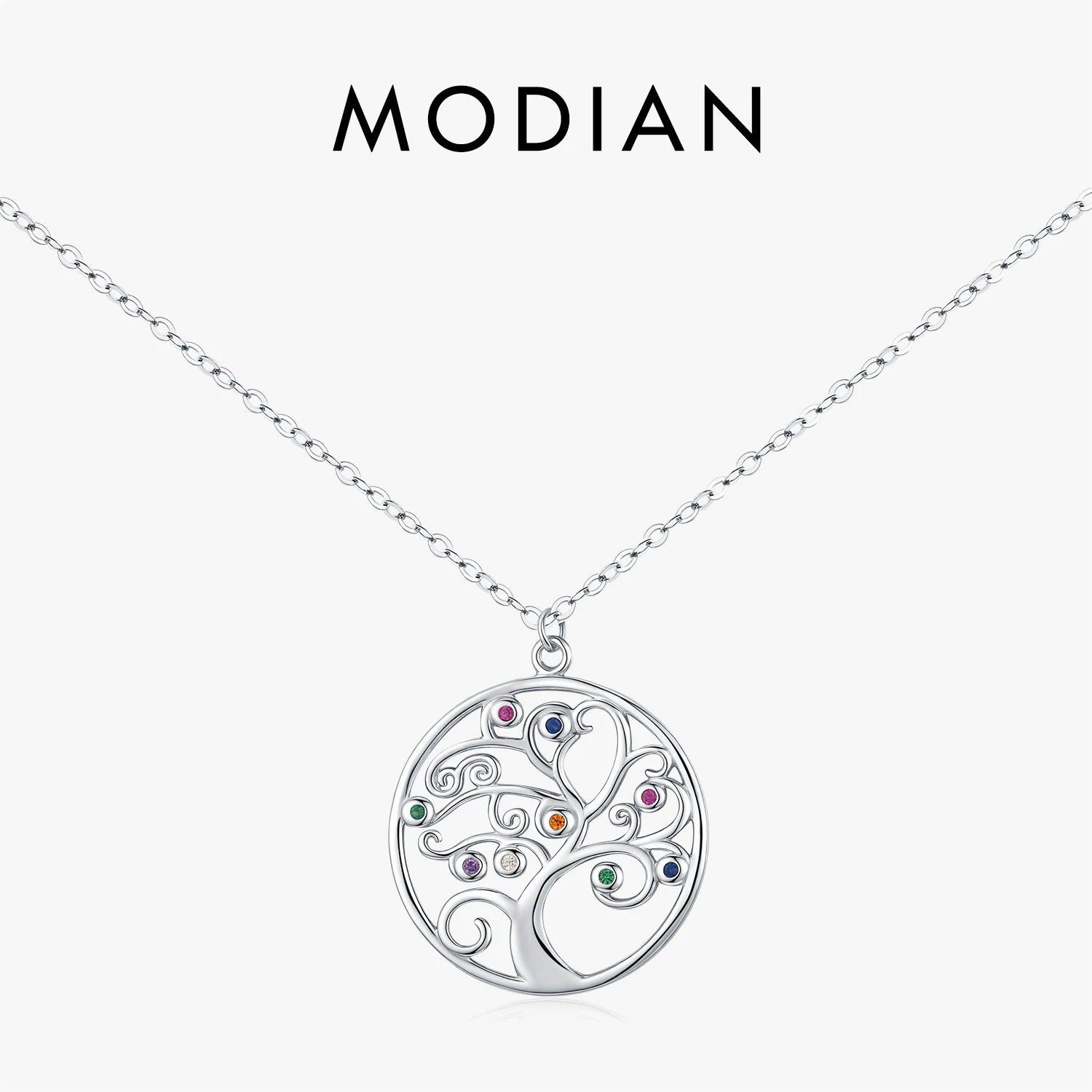 

MODIAN 925 Sterling Silver Colorful Round CZ Necklace Vintage Pattern Pendant Necklaces For Women Fine Jewelry