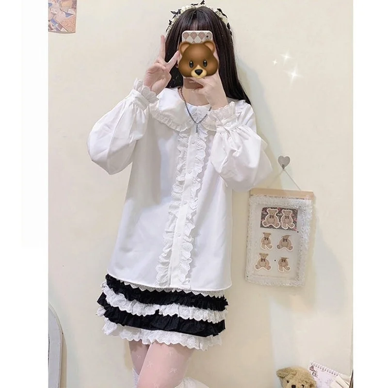 QWEEK Kawaii Shirts Harajuku Women\'s Blouses Japanese Lolita Style Bunny Ears Lace Sweet Soft Girl  White Loose Long Sleeve Tops