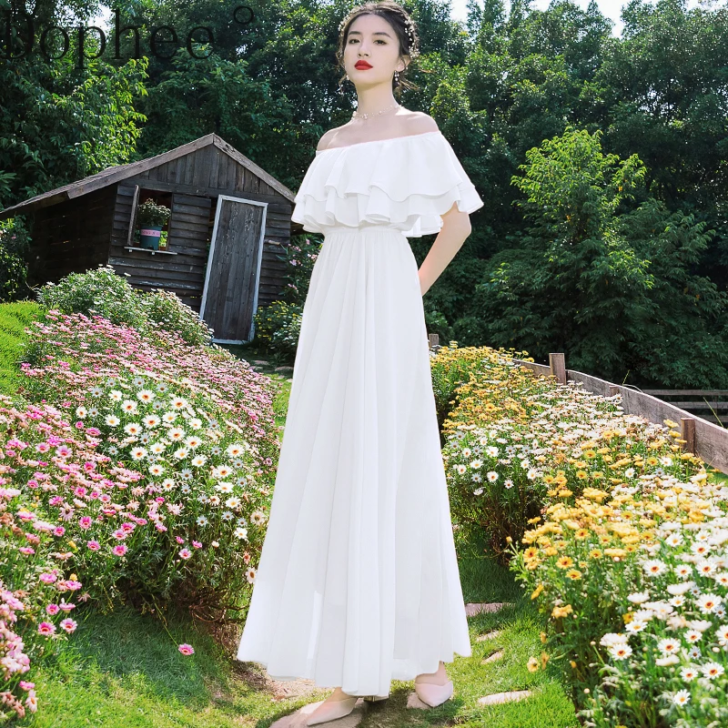 

Take Photo Holiday White Fairy Dress Women New Summer Elegant Off Shoulder Slash Neck Long Chiffon Dress Solid Color Beach Dress
