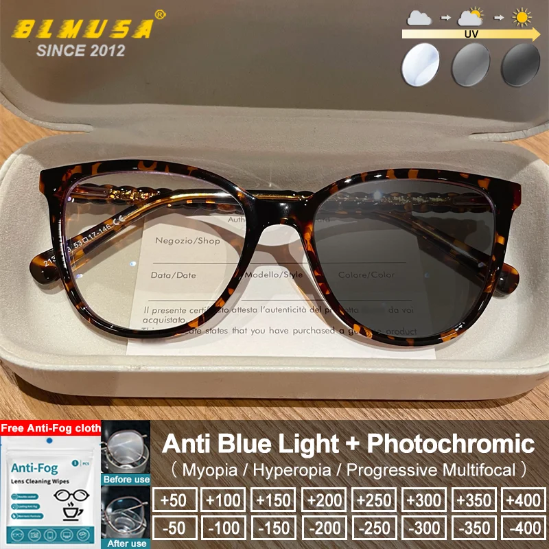 

BLMUSA Classic Cat Eye Frame Two-Tone Design Photochromic Glasses Women Anti Blue Light Prescription Reading Optical Eyeglasses