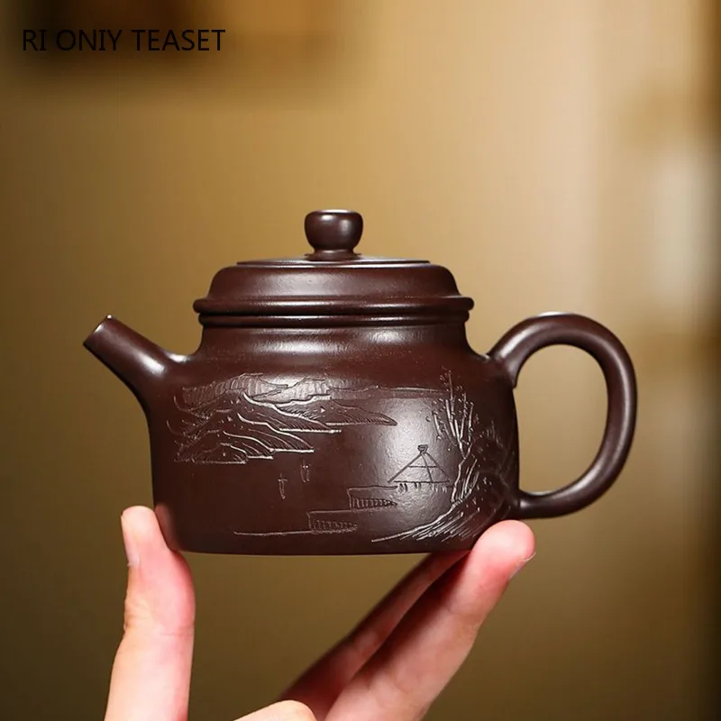 180ml Hand Drawn Yixing Purple Clay Tea Pot Raw Ore Zhu Mud Dezhong Teapot Zisha Beauty Filter Tea Maker Boutique Teaware