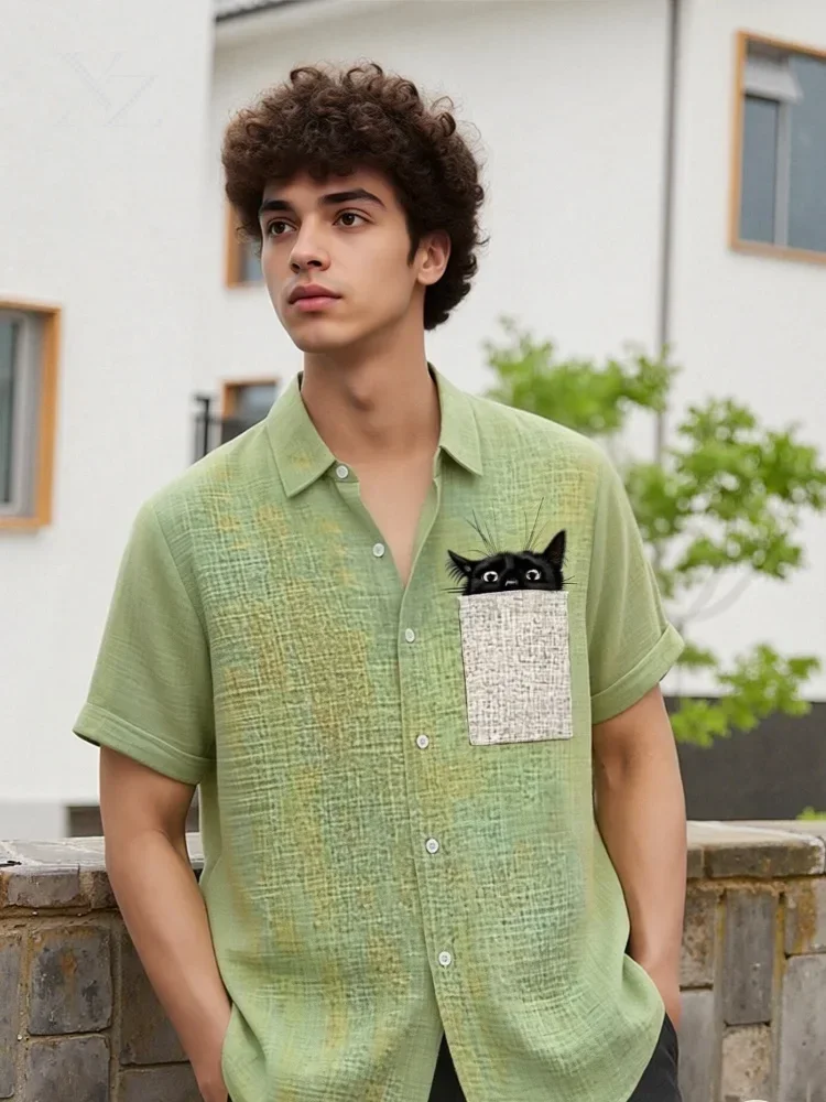 Men's Oversized 3D Black Cat Pocket Print Hawaiian Shirt Short Sleeve Breathable Summer Beach Aloha Tunic Casual Streetwear Tops