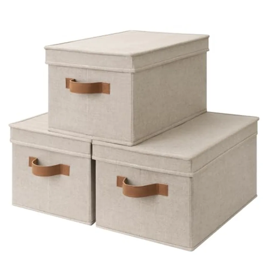 

StorageWorks Large Storage Bins with Lids Decorative Storage Boxes with Lid and PU Handles Foldable Storage Baskets for Closet