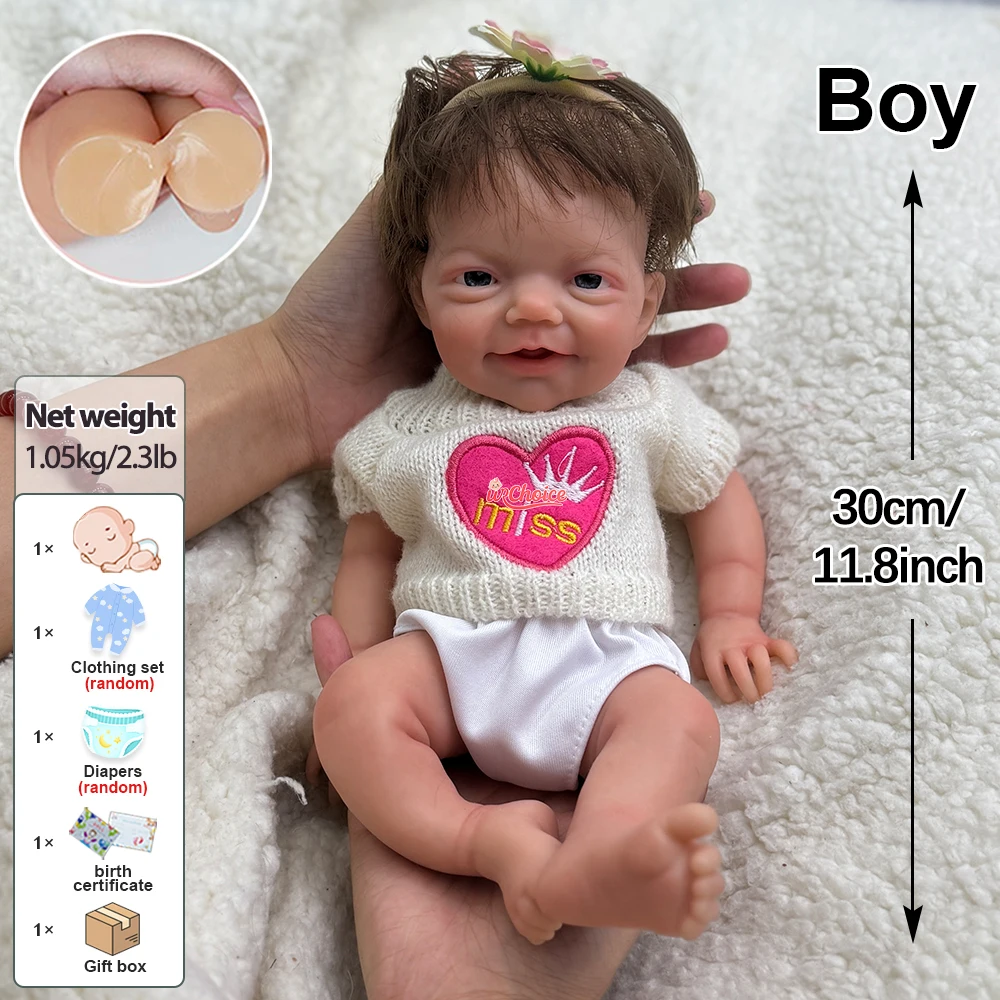 Tiny 12-inch siliconen babyspeelgoed voor kinderen Open ogen en zoete glimlach herboren pop babyjongen voor emotioneel gezelschap