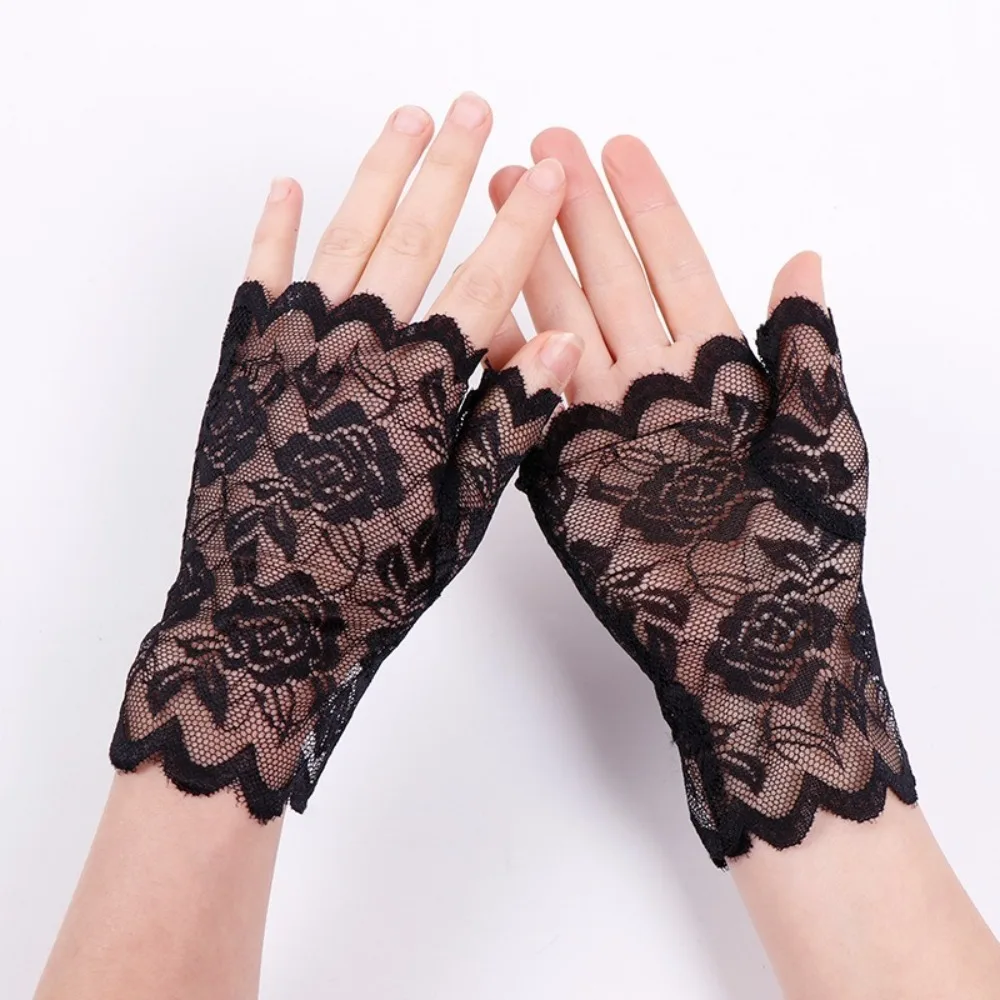 New Half Finger Mesh Mittens Lace Rose Flower Party Dress Fishnet Gloves Punk Hip Hop Cosplay Wedding Bridal Gloves Gift