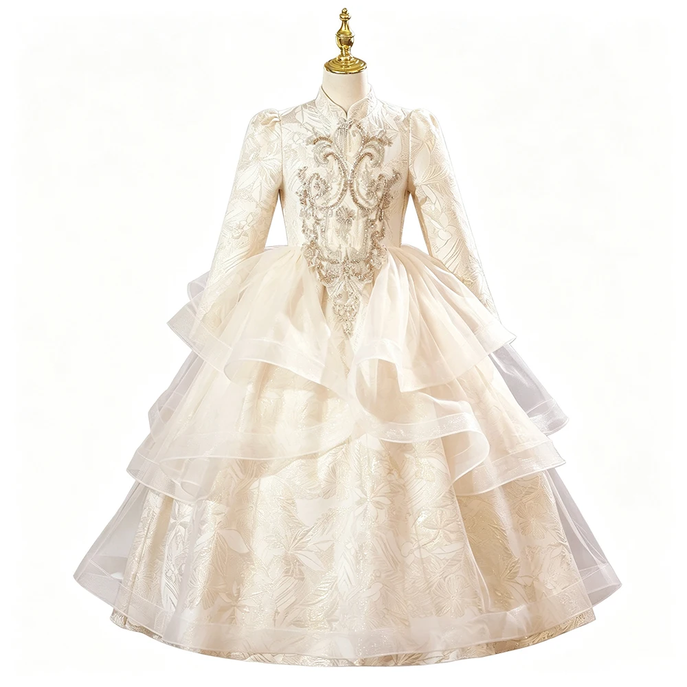 Luxury Princess Girls Pageant Evening Prom Party Dress Long Sleeve Champagne Jacquard Elegant Wedding Birthday Ball Gown Kids