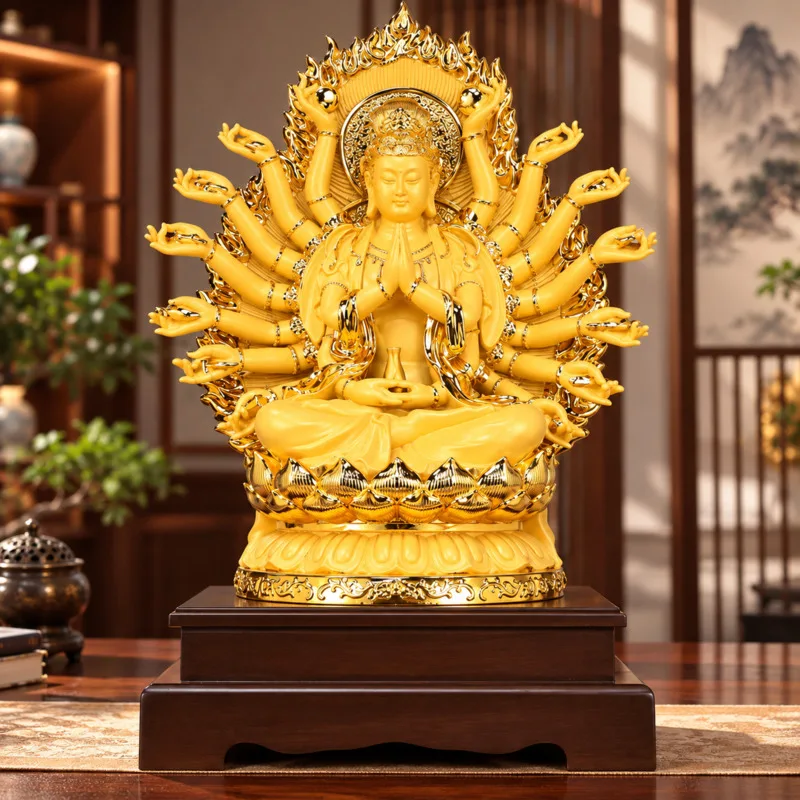 Golden Thousand Hand Guanyin Buddha Statue, Ornament Avalokitesvara Bodhisattva Idol Fengshui Home, Living Room Altar Decor Gift