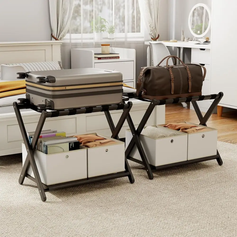 

Комплект из 2-х сборных черных больших стеллажей с 4 ящиками для хранения, бамбуковая складная подставка для чемоданов или органайзер для вещей с 5 нейлоновыми ремнями, большой размер