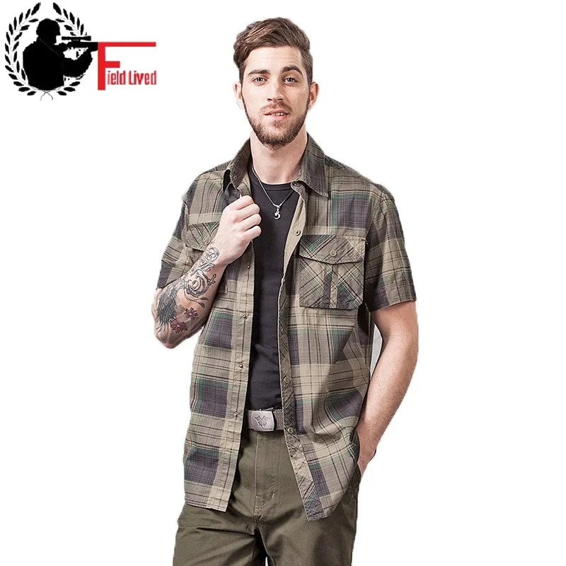 Men's Casual Button Plaid Shirts Pure Cotton Short Sleeves Men Army Uniform Military Style Clothing Summer Slim Male