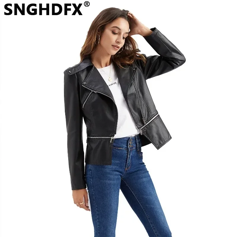 

SNGHDFX Women's Leather Jackets Detachable Hem Coats Female Clothing Motor Biker Spring Autumn Winter 2024 Fashion Long Sleeve