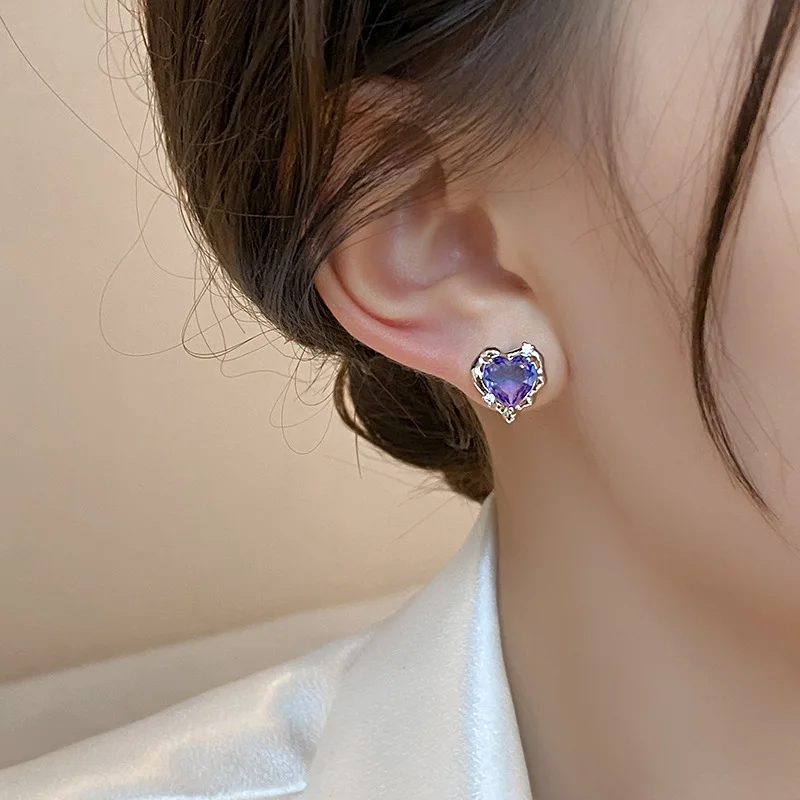 Y2K Purple Crystal Heart Stud Earrings for Women Egirl Fashion Gradual Zircon Lava Personality Earrings Party Jewelry Gift