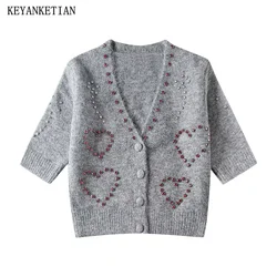 KEYANKETIAN 2024 New Launch Women's Studded Beaded Decorations Sweet Knit Cardigans Spring Single Breasted Short Sleeve Sweater