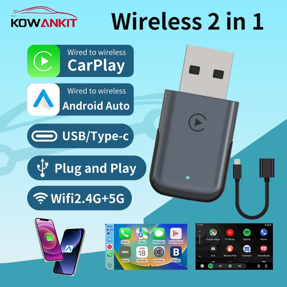 

Wireless CarPlay Android Auto 2 in 1 Universal Car Smart AI Box Adapter Mini USB Dongle Plug & Play KowanKit New 2026